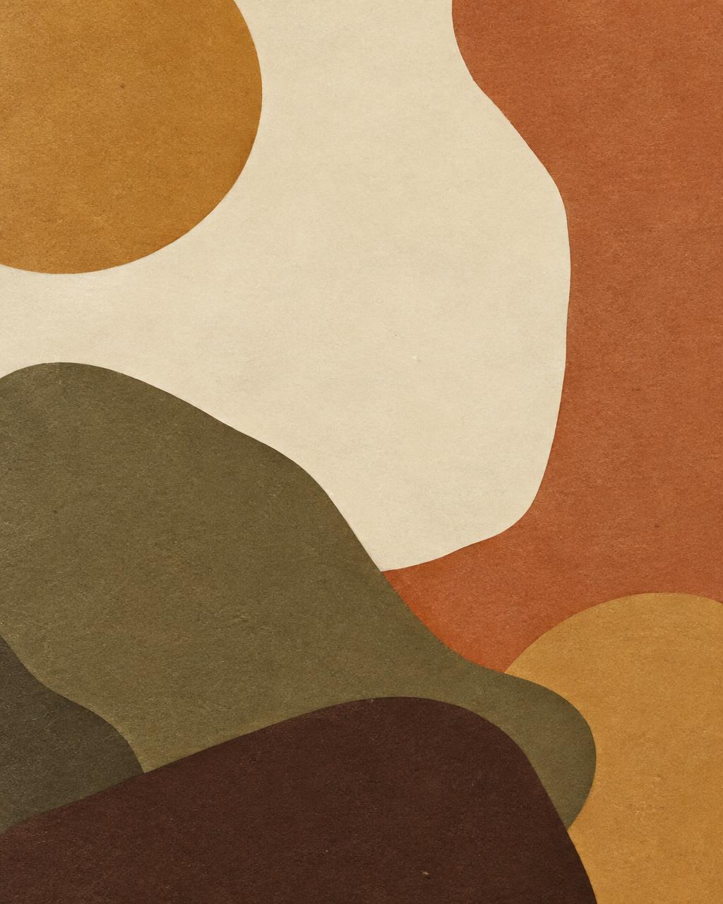 Abstract collage of layered hand-cut paper shapes in earth tones