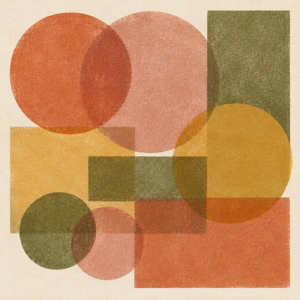 Abstract risograph print of overlapping circles in terracotta and olive