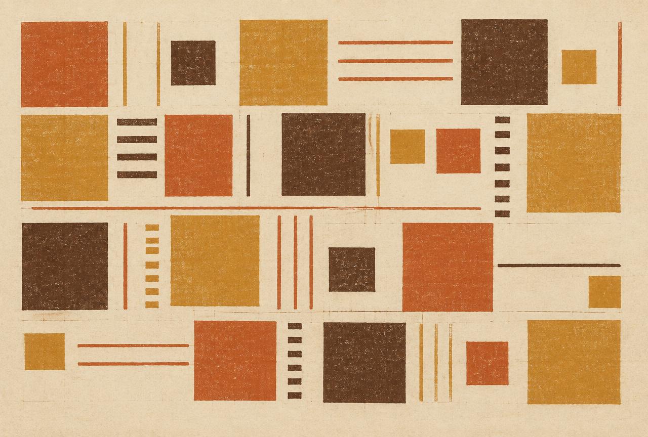 Abstract letterpress grid of hand-drawn squares and rules in terracotta and umber